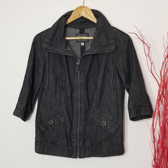 DENIM Dynamite Black Jean Elastic Waist 3/4 Sleeve Cotton Blend Zip Front Jacket - Picture 1 of 7